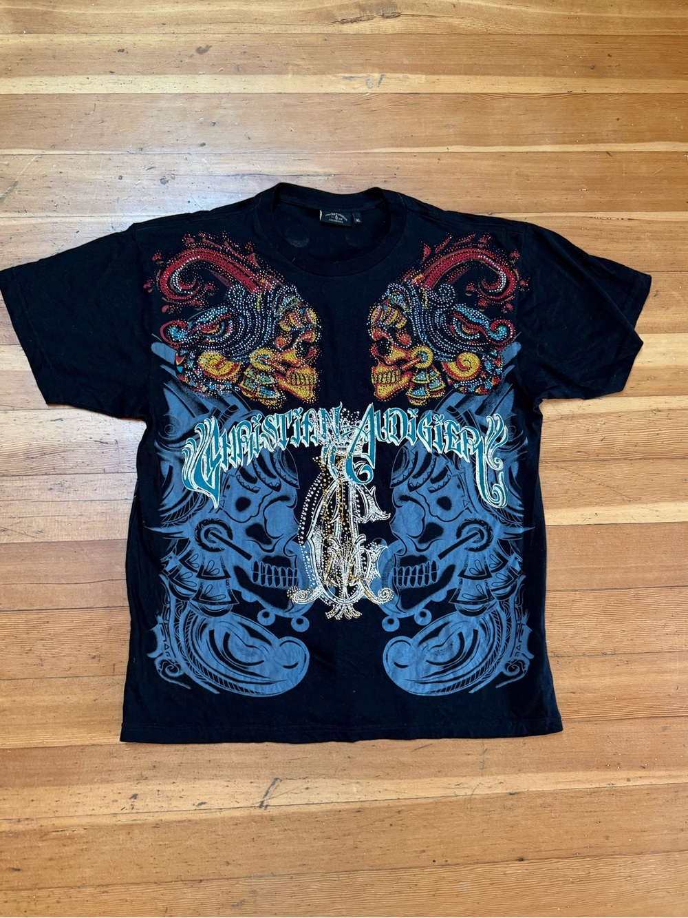 Christian Audigier Graphic Rhinestone Skull T-Shirt Size XL
